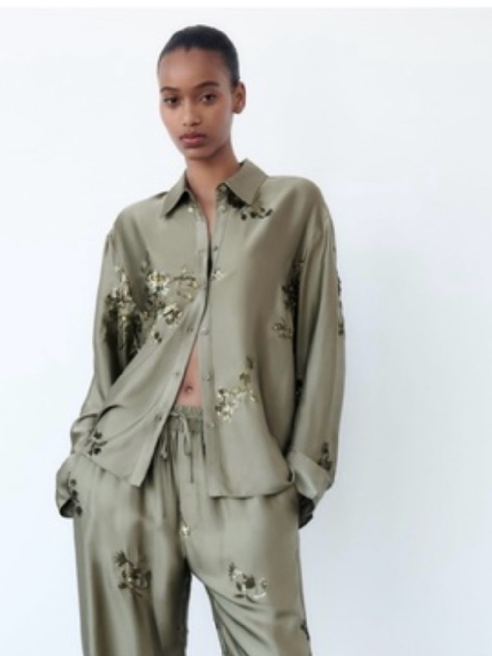 Olive Satin sequin Embroidered Button-Up Shirt -